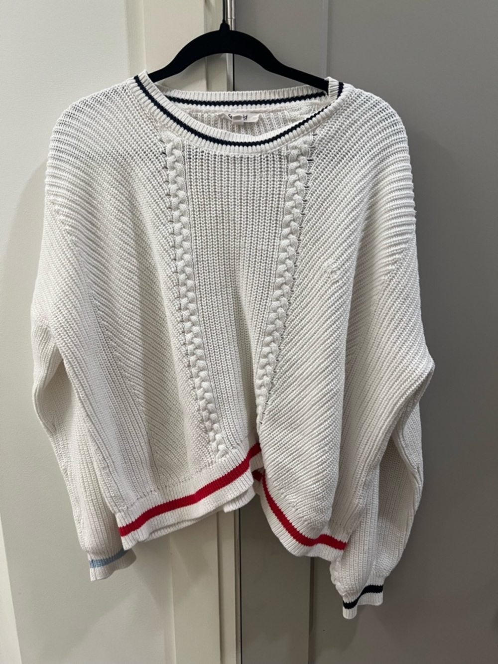 Splendid White Cable-Knit Crewneck Sweater with Red and Navy Stripe Trim